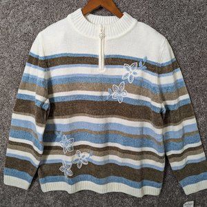 Alfred Dunner Woman Sweater Flower Embroidery Quarter Zip Size XL
